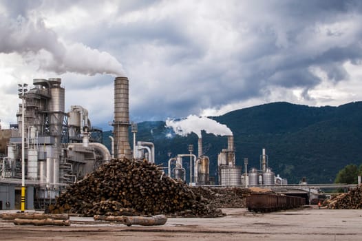industrial scene, smoke and clouds, normal working day