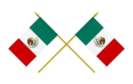 Two crossed flags of Mexico, 3d render, isolated on white