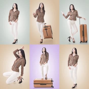 Travel concept with Asian beauty with a luggage in a set.