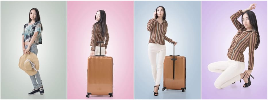 Modern Asian woman stand with a luggage.