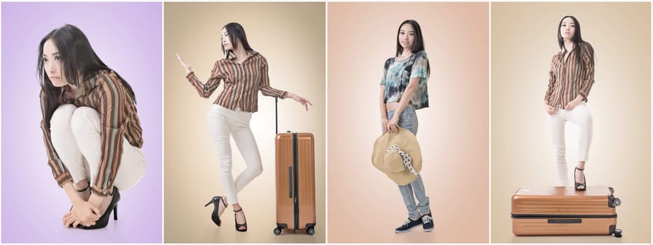 Modern Asian woman stand with a luggage in vintage style.