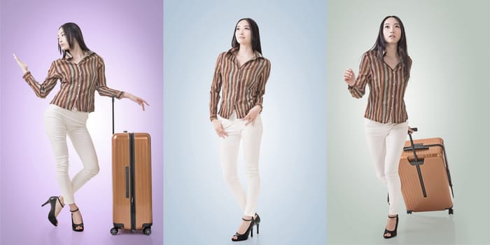 Travel concept with Asian beauty with a luggage in a set.