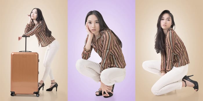 Travel concept with Asian beauty with a luggage in a set.