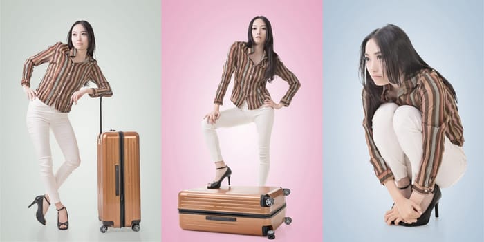 Travel concept with Asian beauty with a luggage in a set.