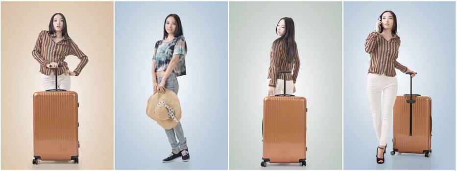 Travel concept with Asian beauty with a luggage in a set.
