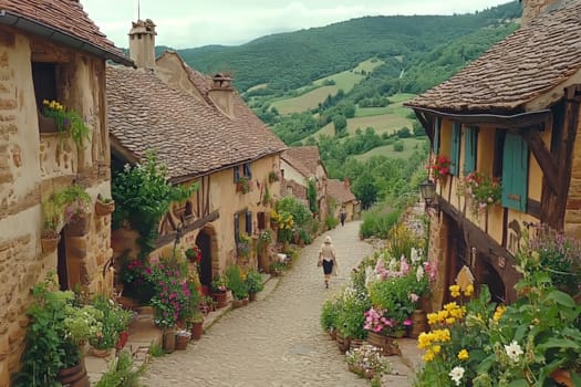 A woman walks a cobblestone path through a flower-lined village, framed by green hills on a cloudy day.