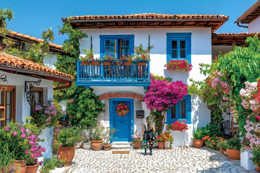 Vibrant house with blue accents and blooming flowers in a picturesque Mediterranean village on a sunny day.