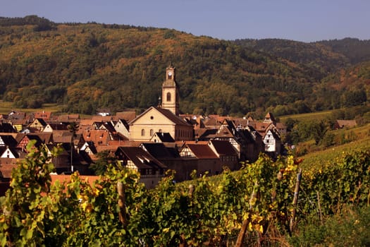 the olt town of the village of Riquewihr in the province of Alsace in France in Europe