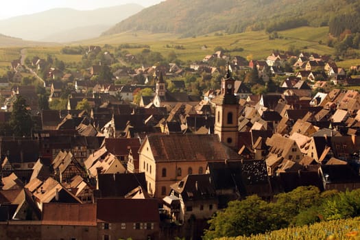 the olt town of the village of Riquewihr in the province of Alsace in France in Europe