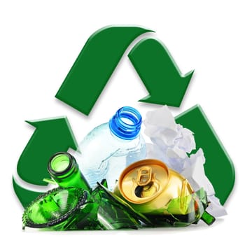 Composition with recyclable garbage consisting of glass, plastic, metal and paper isolated on white background