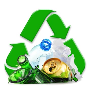 Composition with recyclable garbage consisting of glass, plastic, metal and paper isolated on white background