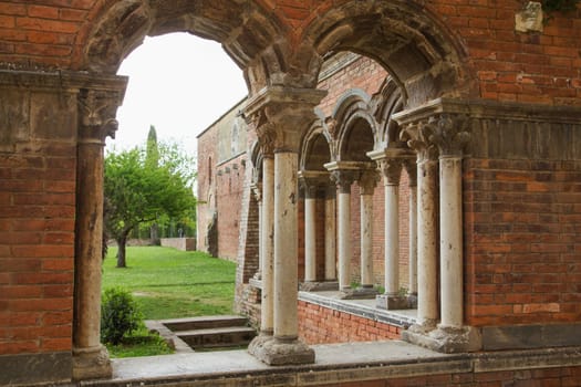 Closeup view of the ruins of the brick church San Galgano. The abbey was abolished in 1652. (Tuscany, Italy)