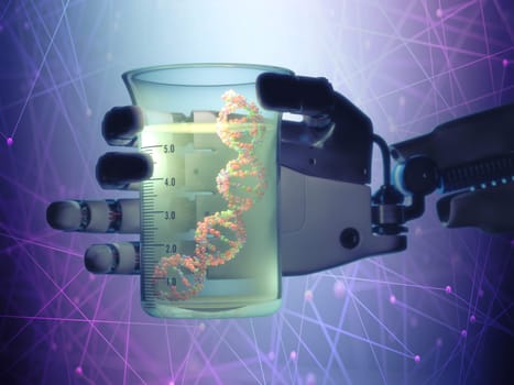 Robotic hand holding a test tube with a dna inside. Technology concept manipulating organic life.