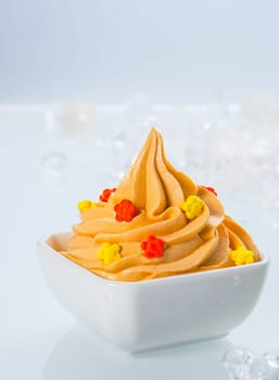 Close up Delicious Yellow Colored Frozen Yogurt on White Bowl Served on White Table.