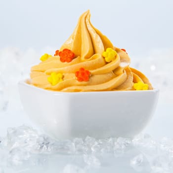 Close up Healthy Frozen Yogurt with Little Toppings on White Bowl Surrounded by Ice Pieces on Sides. Isolated on White Background.