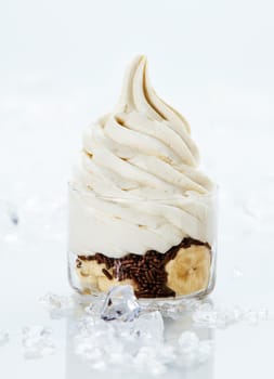 Fresh sliced bananas and chocolate sprinkles topped with refreshing low-fat frozen yogurt for a tasty summer dessert