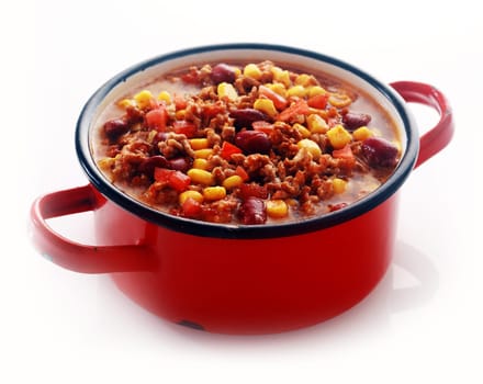 Close up One Full Red Pot of Appetizing Healthy Meaty Main Dish Isolated on White Background.