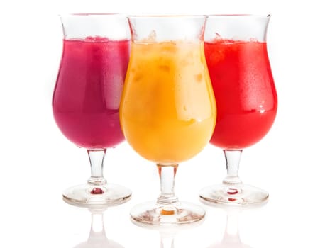 Close up Assorted Flavor Mouth Watering Cold Drinks on Glass with Ice Pieces. Isolated on White Background.
