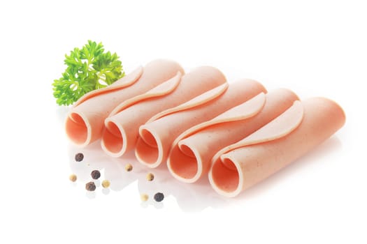 Fresh Rolled German Ham Sausage Isolated on White Background.