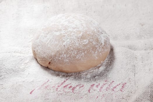 Close up Homemade Italian Frisch Pasta Dough on Flour Formed in Oblong.