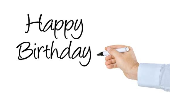 Hand with pen writes Happy Birthday