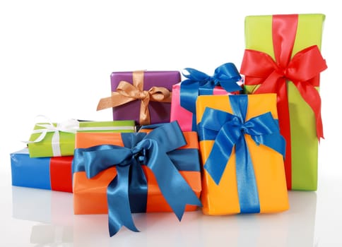 Assorted Colored Presents with Ribbons Isolated on White. Studio Capture.
