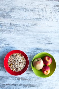 A nutrition snack of fruit and cereals.