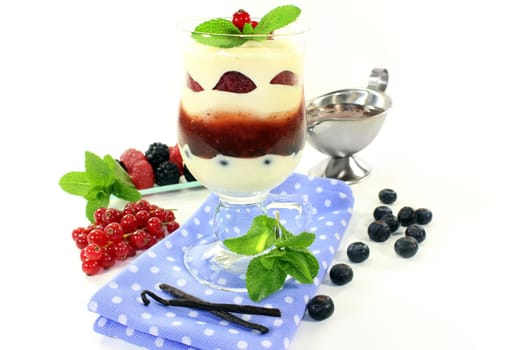 a dessert in a glass,layered with pudding,red grits and berries