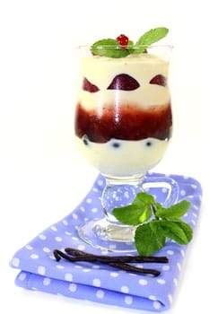a dessert in a glass,layered with pudding,red grits and berries