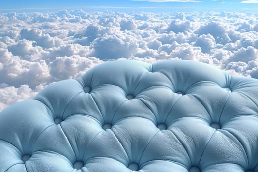 A light blue tufted sofa floats above fluffy white clouds under a bright blue sky, creating a dreamlike and surreal atmosphere.