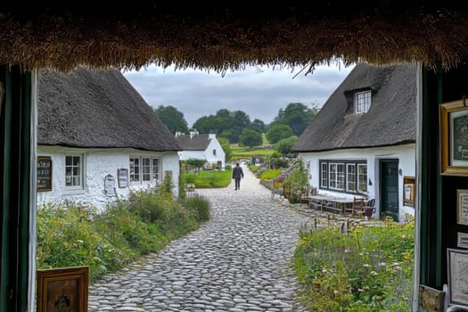 A person walks along a cobblestone path between charming thatched cottages in a tranquil rural setting under an overcast sky.