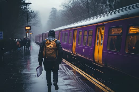 Commuters gather on a rainy platform while a passenger walks towards the approaching train in a foggy morning setting.