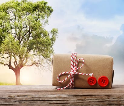 Handmade gift box with red twine cord on a fantasy landscape