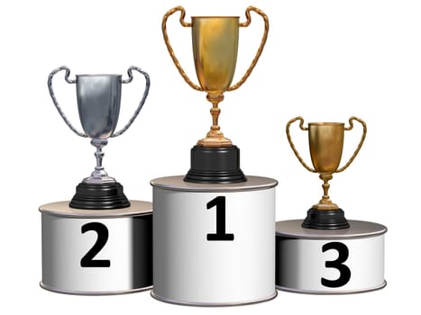 Illustration of highly polished trophies on a podium showing first, second and third places.