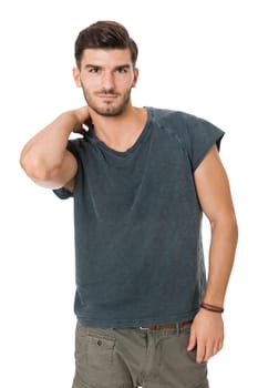 bearded young man with a beautiful smile with charismatic cotton T-shirt laughing isolated on white background