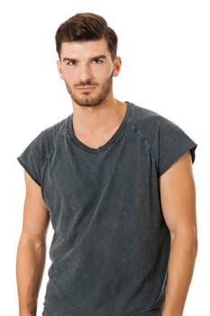 bearded young man with a beautiful smile with charismatic cotton T-shirt laughing isolated on white background
