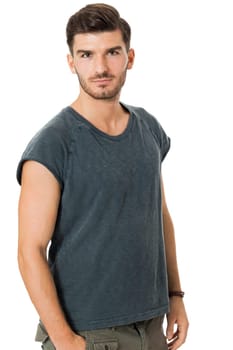 bearded young man with a beautiful smile with charismatic cotton T-shirt laughing isolated on white background
