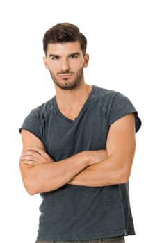 bearded young man with a beautiful smile with charismatic cotton T-shirt laughing isolated on white background