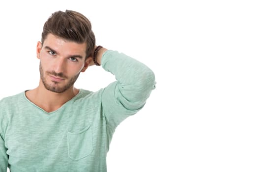 Good looking young man attractive in casual clothes with beard portrait isolated on white background