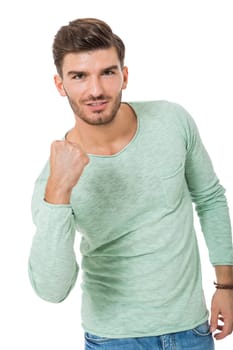 Good looking young man attractive in casual clothes with beard portrait isolated on white background