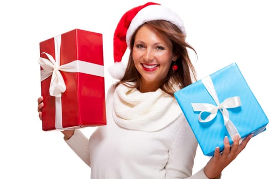 Cheerful attractive brunette woman with Christmas hat Christchild with two great gifts in red and turquoise isolated against a white background