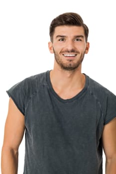 bearded young man with a beautiful smile with charismatic cotton T-shirt laughing isolated on white background