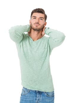 Good looking young man attractive in casual clothes with beard portrait isolated on white background