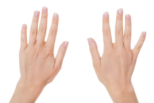Sensual female hands of a woman with neat natural nails graceful keeps her wrist isolated on white with