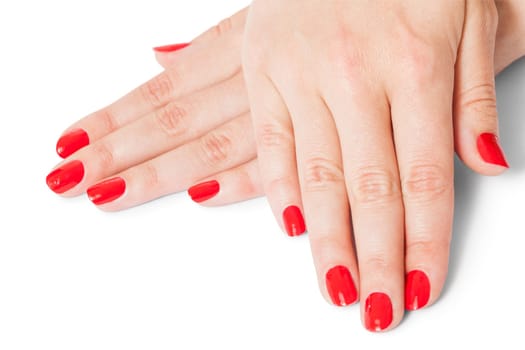 Women's hands with beautiful well-groomed fingers and red nail polish wellness beauty spa close up isolated on white background