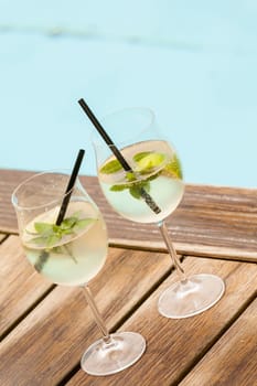 Fresh Hugo with mint lime and sparkling wine in a wine-weinin in summer by the water