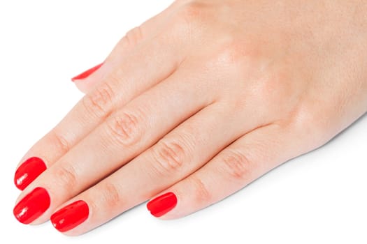 Women's hands with beautiful well-groomed fingers and red nail polish wellness beauty spa close up isolated on white background
