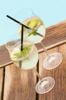 Fresh Hugo with mint lime and sparkling wine in a wine-weinin in summer by the water