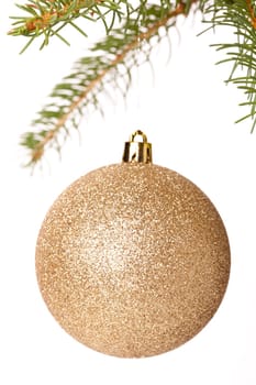Traditional Christmas ball hung on a green fir branch isolated against a white background