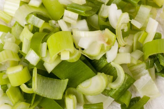 Leek spring onions with root as a whole and cut as a close-up on a white wooden board